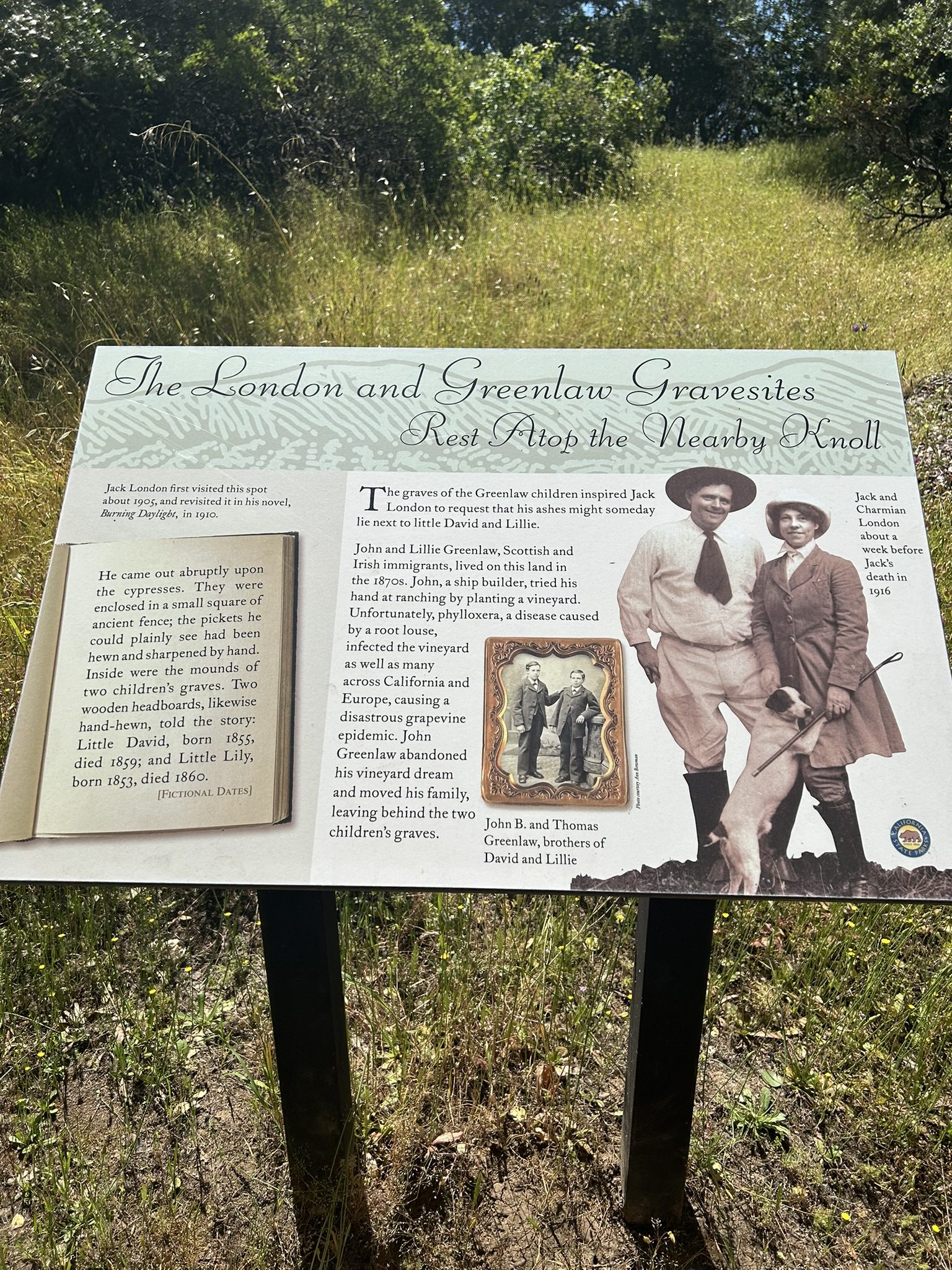 Gravesite of Jack and Charmian London and Eliza Shepard fence sign